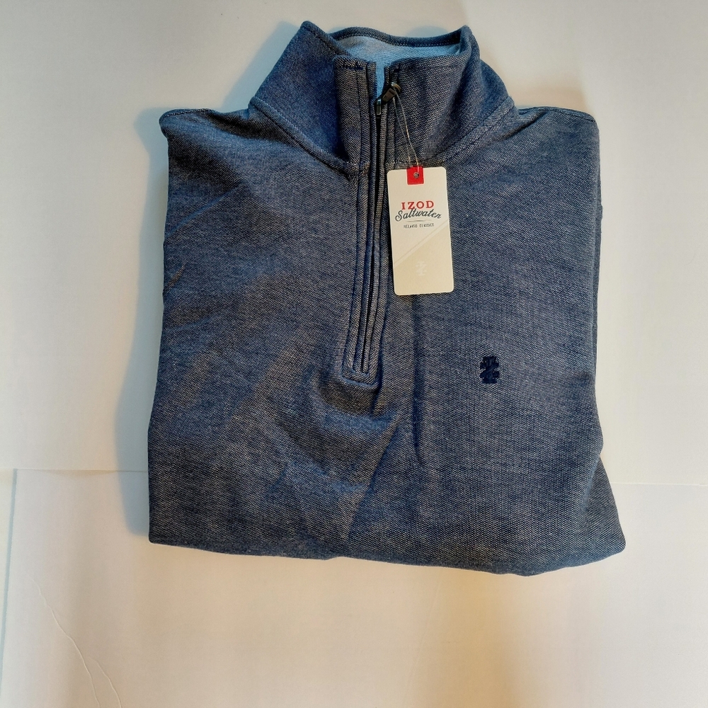 Izod Saltwater Mens Shirt Blue Long Sleeve Pullover 1/4 Zip Mock Neck Relaxed - Picture 5 of 6